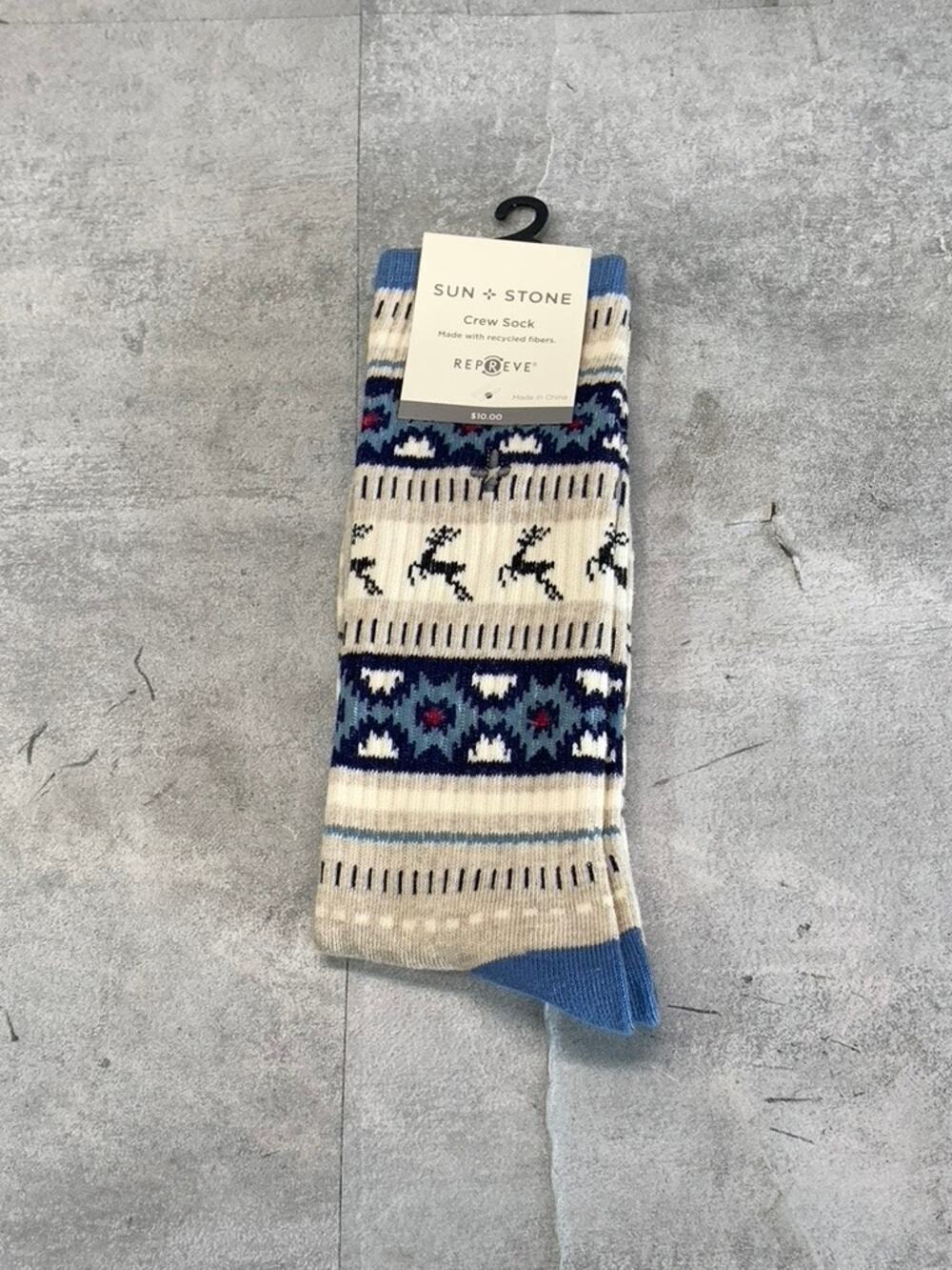 Sun + Stone Men's Blue/Tan Deer Fair Isle Fleece-Lined Crew Single Sock SZ 10-13